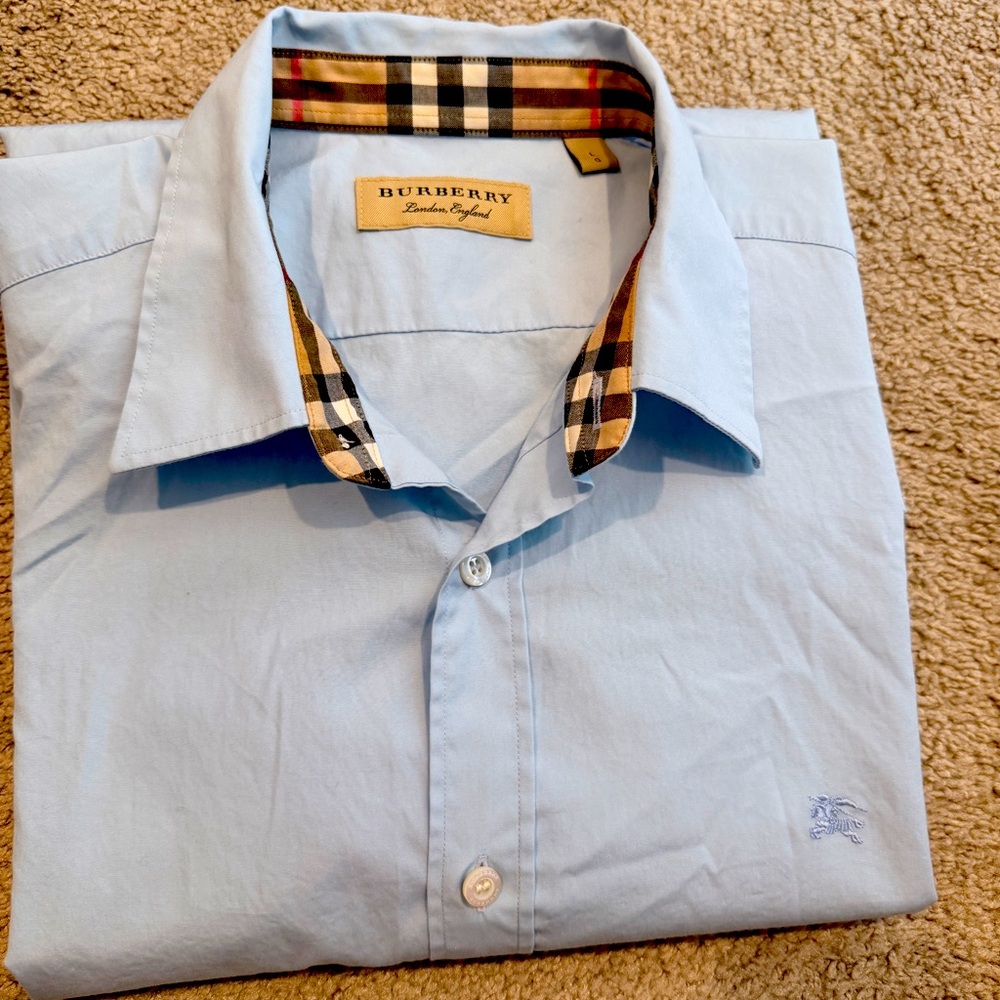 Burberry Light Blue Dress Shirt with Signature Check Collar
